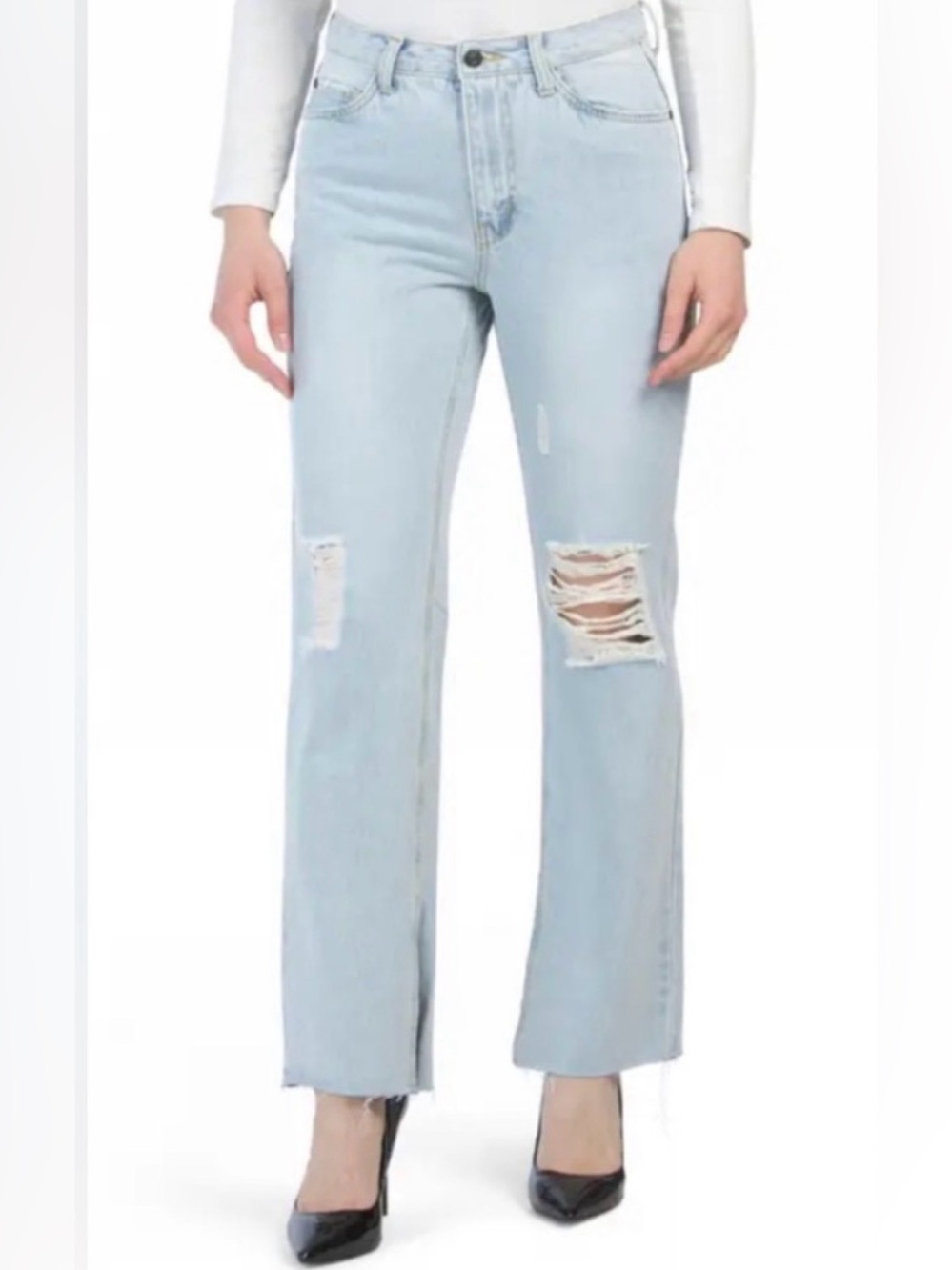 Avec Les Filles Distressed Straight Leg Jeans Split Hem Light Wash Raw Hem 28
